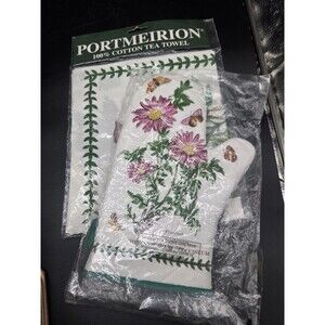 Portmeirion Cotton Tea Towel Oven Mitt Set Christmas Rose Purple Chrysanthemum